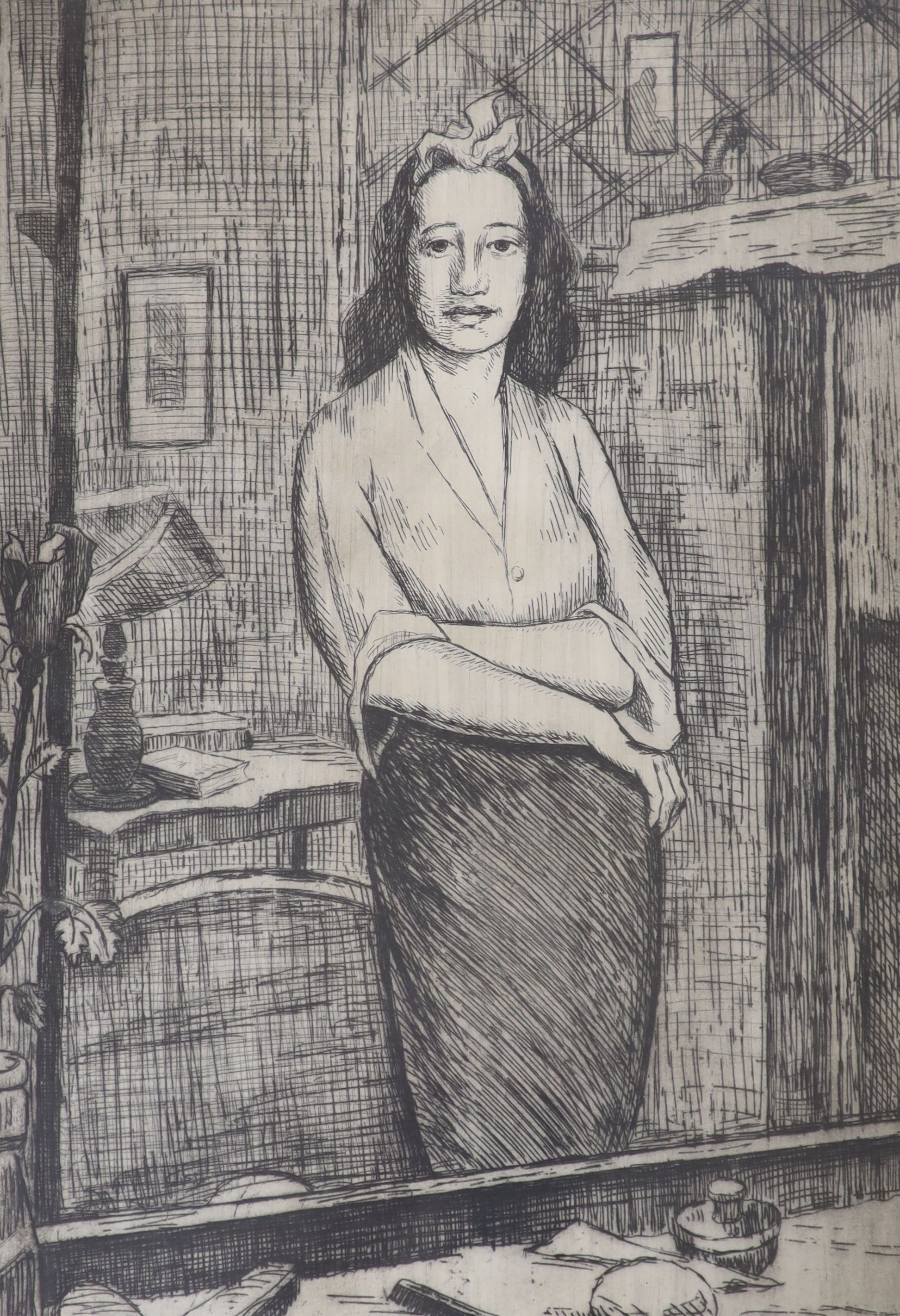 Clifford Hall (1904-1973), etching, Interior with standing woman, 3/20, 41 x 28cm
